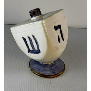 Vintage Handpainted Ceramic Dreidel Blue White Hanukkah 6" Home Decor